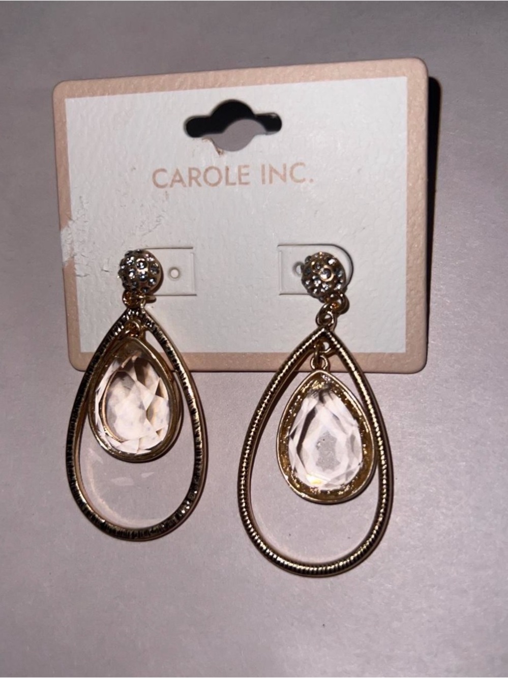 Carole Inc.  Gold-Tone Teardrop Crystal Dangle Earrings.  New with tag.